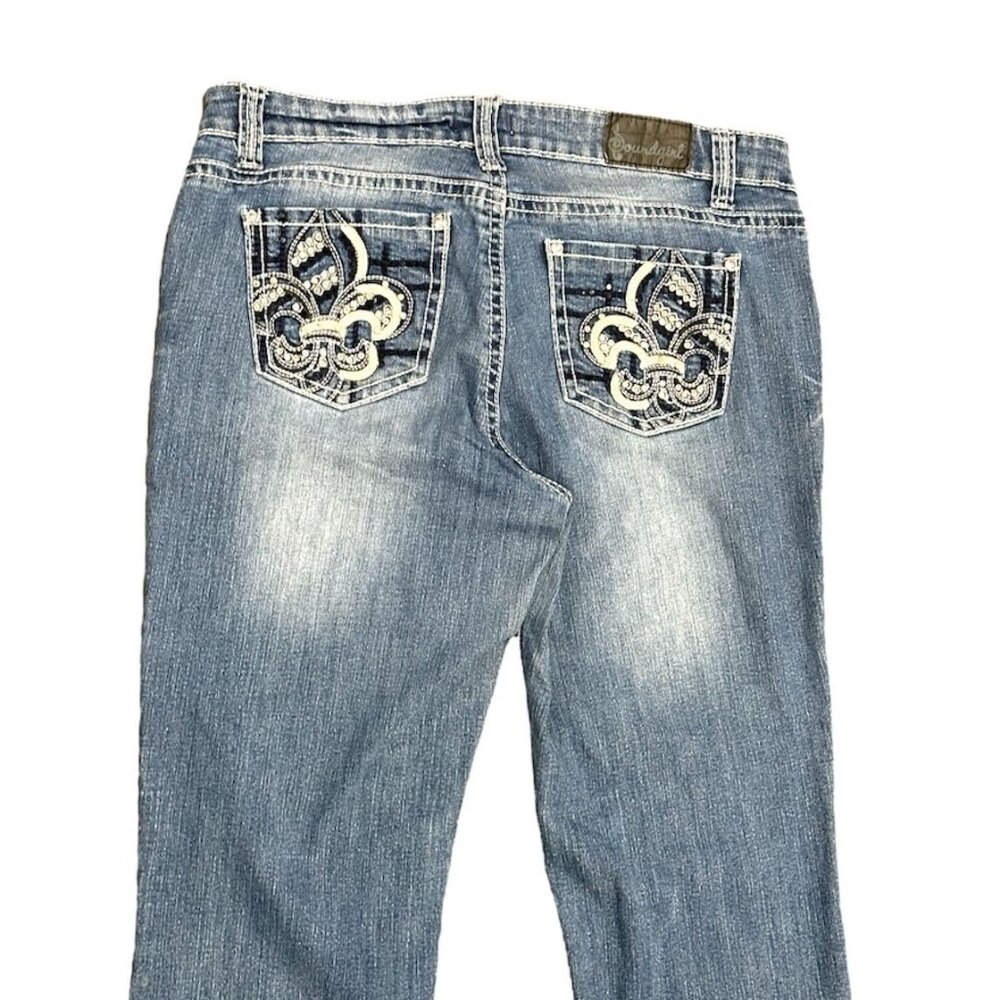 Soundgirl Jeans Juniors 17 Blue Bootcut Studs Bling Thick Stitch Fluer De Lis - Picture 8 of 16